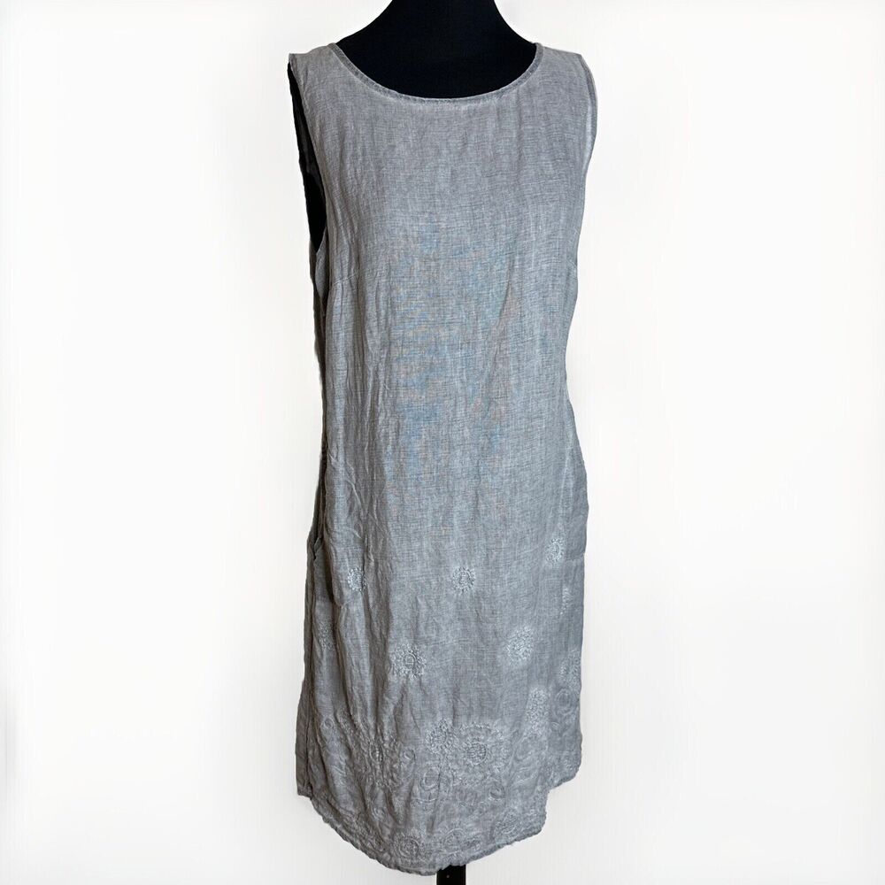 Lina Tomei Size L Shift Dress Floral Embroidered 100% Linen Short Made in Italy